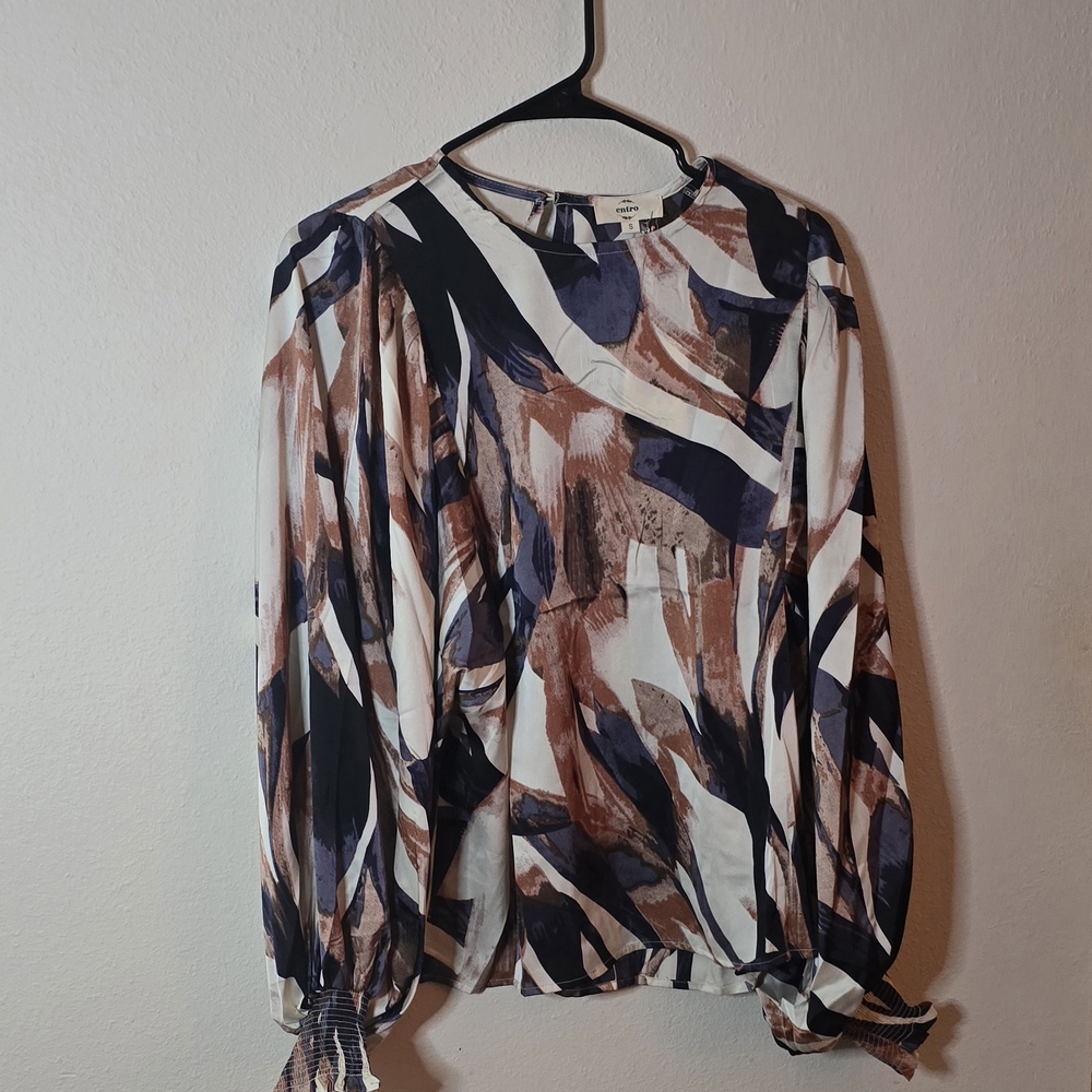 Entro Floral Bohemian Cottagecore Feminine Blouse Cream Brown Black New Small